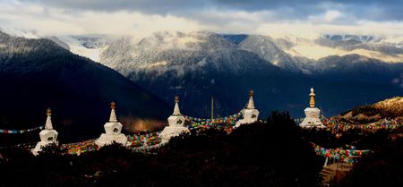 five holy stupas in front of Meili snow mountain chinaのeditorial素材