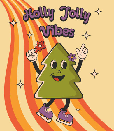 Merry Christmas and Happy New year. Tree. Retro cartoon style. Greeting cards, template, posters, prints, party invitations and backgrounds. Red, orange, yellow. 70s 60s. Groovy, vintageのイラスト素材