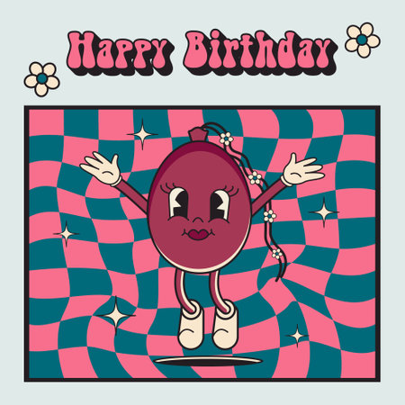 Happy birthday template for girls. Retro pink 70s greeting card, poster. Groovy style. 70s background. Vector illustration. Burgundy balloon, smile, flowers, stars. Hoorayのイラスト素材