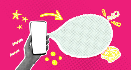 Banner concept. Vector illustration with phone and hand. Collage with paper cut elements for decoration sale events. Empty space for your offer.のイラスト素材