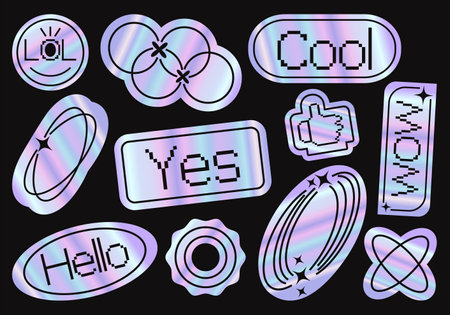 Set of holographic retro futuristic stickers. Design circle stars flowers shapes lines square. Vector illustration iridescent foil adhesive film with symbols, objects in y2k style. Futuristic labelsのイラスト素材