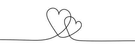 Continuous one line drawing of heart shapes, vector minimalist black and white illustration of love valentine day concept. Editable strokeのイラスト素材