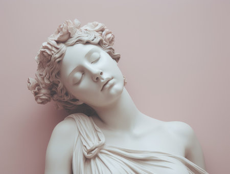Pink gypsum Ancient statue woman Godhead isolated on pastel background. Plaster Sculpture female face. Renaissance portrait with closed eyes.の素材