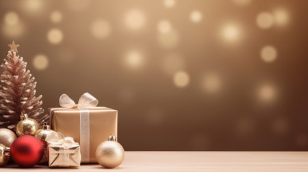 Christmas background with Copy space. Tree, balls and candle on backdrop of New Year's lights. Xmas cosy banner with with empty place for your text, presentation of goods, salesの素材