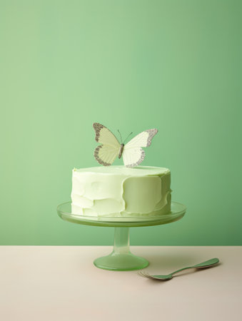 Frosted Cake on round stand with sugar figure of Butterfly. Minimalist luxury green style. Spring holidays, weddings, birthdaysの素材