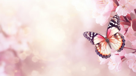 Blurred spring background with butterfly and copyspace. Pink floral banner with copy space. Template for congratulations on Mother's Day and other holidays.の素材