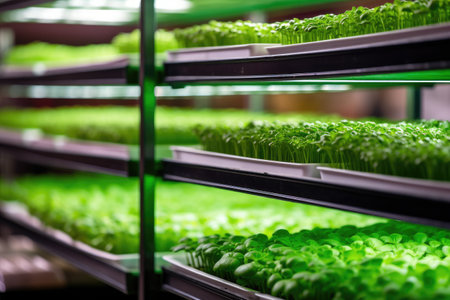 Microgreens grow under LED lights. Vertical farming technology. Indoor racks full of greens vertically. Macro and micro business of plants. Eco products, healthy eating and super food.の素材