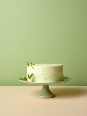 Minimalistic cream Cake with levels on a Viridis background with Copy space. Sweets for birthdays greeting card, weddings invitation in pastel green colors. Template with Copyspace.の素材