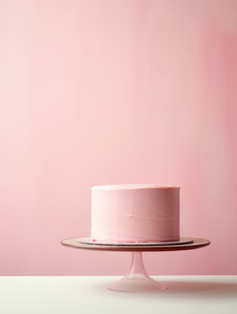 Frosted girl pink Cake on round stand on minimalist background. Minimalistic luxury rose style. Spring holidays, weddings, birthdaysの素材