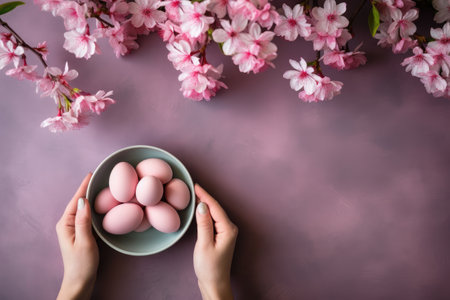 Top view of hands and Easter Eggs in bowl. Flat lay spring floral arrangement with copy space. Pastel background for banner with empty space for text and purple April Flowers.の素材