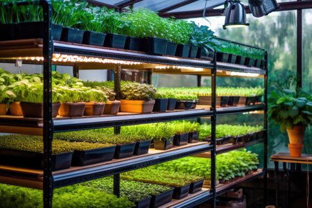 Microgreens under LED lights on vertical shelves. Farming technology with indoor racks full of micro greens. Macro and micro business Eco products, healthy eating and super food.の素材