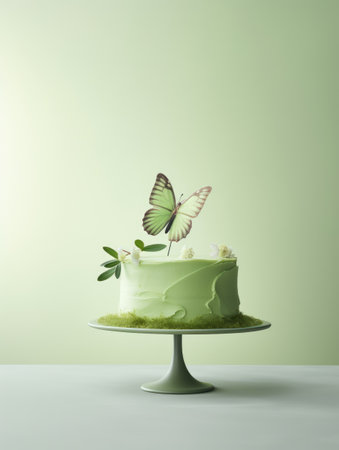 Minimalist luxury green style. Homemade sweets Viridis Cake on round plate with sugar figures of Butterflies. Spring holidays, weddings, birthdays greeting card.の素材