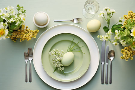 Easter setting table top view. Empty dishes with Eggs and Cutlery on pastel background. Easter celebration concept with close-up spring flowers and table.の素材