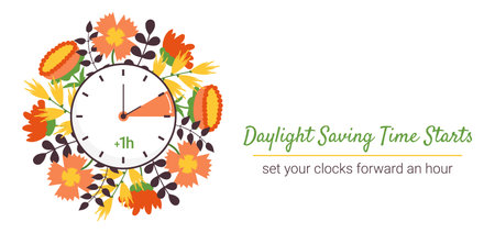 Daylight Saving time begins in March. Switch clocks from winter to summertime on Sunday. Graphic...