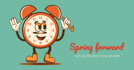 Groovy clock Daylight Saving Time banner. Happy face turn to summertime. Spring Forward reminder. Vector illustration in cartoon style.のイラスト素材
