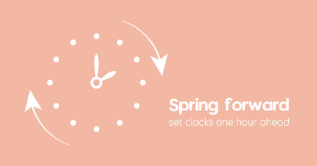 Spring Forward monochrome banner in Minimalist style. Reminder text Set clocks one hour Ahead in March. Hand of face turning to Summer time.のイラスト素材