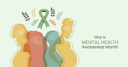 Mental Health Awareness Month Banner with Woman Silhouette. Horizontal design in flat style to inform and remind about importance of good mood. Psychological well-being concept with leaves and ribbon.のイラスト素材