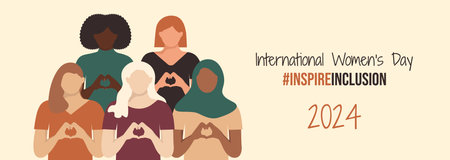 International Women's Day banner 2024. IWD InspireInclusion horizontal design with girls shows Heart Shape with their hands. Inspire inclusion social campaign. Varied Women in faceless style.のイラスト素材