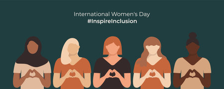 International Womens Day banner 2024 on Dark background. Inspire inclusion social campaign. Varied Women in faceless style. IWD InspireInclusion design with girls shows Heart Shape with their handsのイラスト素材