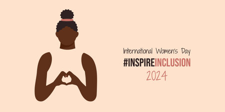 Inspire Inclusion 2024 banner with attractive Black Woman. International Women's Day InspireInclusion slogan. Girl with heart-shaped hands. Happy spring holiday IWD 8 March with social campaign sign.のイラスト素材