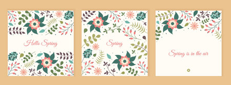 Hello Spring Floral square posters. Social media Springtime post templates. Set of postcards with leaves, flowers and text in pastel colors. Minimalistic style Greeting card with botanical elements.のイラスト素材