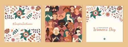 International Women's day 2024 square posters. Social media InspireInclusion post. Postcards with...