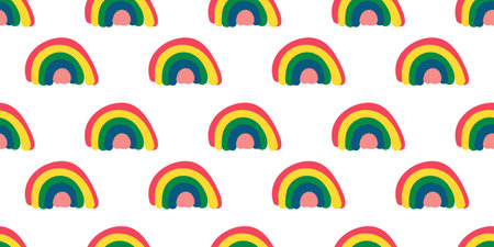 Rainbow cute hand drawn Children seamless pattern on white background. Doodle kid endless design with simple shapes in minimalist style for fabric and clothingのイラスト素材