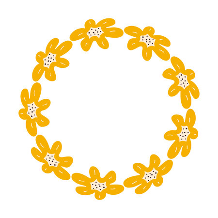 Floral Spring minimalist Wreath with copy space. Hand drawn frame with Yellow flowers. Flat summer decoration elements for invitation cards posters.のイラスト素材