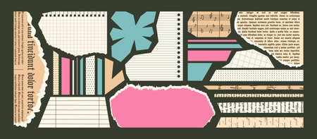Set of torn newspapers and Notebook sheets for modern Collages. Cut strips of Paper with uneven...
