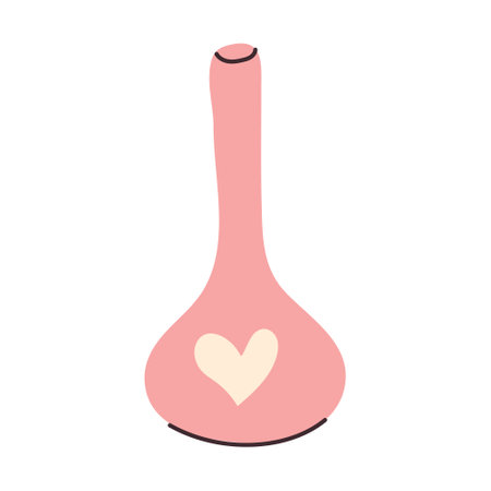 Hand drawn pink Vase with heart shape. Minimalistic illustration of long narrow container for preserving flowers. Hand-drawn simple vector illustration isolated on transparent background.のイラスト素材