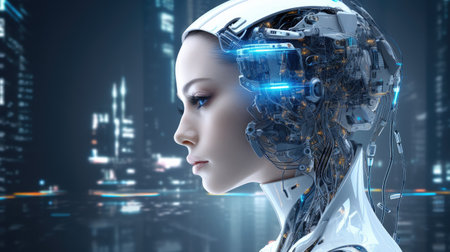 Futuristic Robot woman. Innovation and variation in technology. Profile of a girl with a metal head. The concept of artificial intelligence of the future.の素材