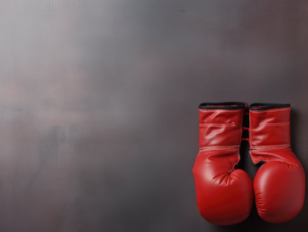 Professional red Boxing gloves on grey background with empty place for text and info. Sport background with Copy space.の素材
