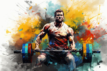 Watercolor abstract illustration of Bodybuilding. Athletic man with barbell in colorful Paint Splash style. Athlete watercolour painted in gym. Sport Background with brush strokes and paint splatters.の素材