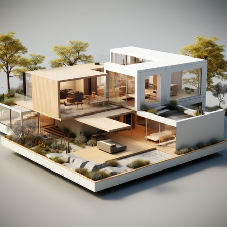 3D Rendering of house, architecture draft of luxury building with three floor. Modular plan design.の素材