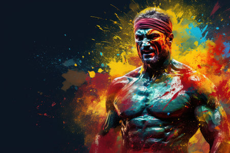 Watercolor abstract illustration of Wrestling. Athletic fighter man in colorful Paint Splash style. Athlete watercolour painted. Sport Background with brush strokes splatters.の素材