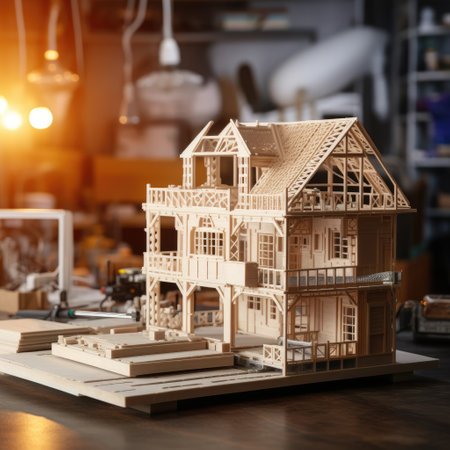 Model of the house with roof printed on 3D Printer with white filament by FDM technology for architectural use.の素材