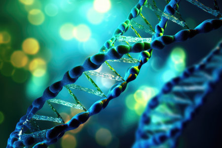 Three-dimensional illustration render in conceptual representation of double helix spiral known by science as DNA, surrounded by glowing particles.の素材