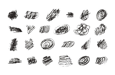 Black spots and charcoal pencil shadings drawn by hand. Scratched scribbles with a wax pencil....