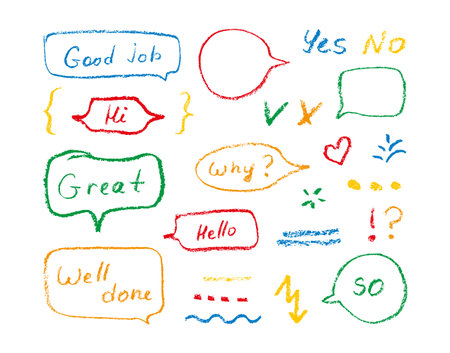 Colorful doodles set hand drawn with charcoal Pencil. Handwritten text is good job, yes no and others for notes and business grade. Straight and wavy lines, underlines speech bubbles like children artのイラスト素材