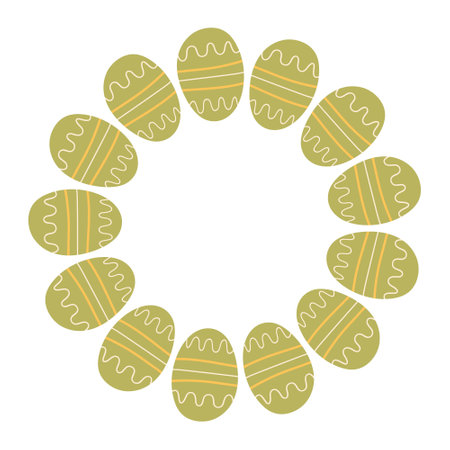 Easter wreath with green Eggs Hand drawn on white background. Decorative doodle frame from holiday food with ornaments in Circle shape. Element for greeting cardのイラスト素材