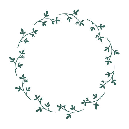 Hand-drawn round Wreath of branches of Leaves. Minimalistic illustration of spring herbal or flower Frame in flat style. Summer elements for decorating greeting posters with empty space for textのイラスト素材