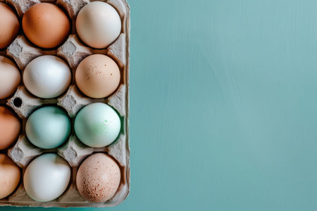 Top view of cardboard container with colorful pastel Easter Eggs on blue background with Copy space. Flat lay Open box with Fresh organic chicken eggs in carton pack.の素材