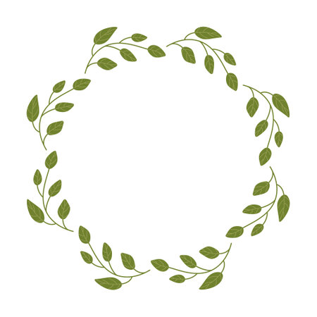 Green Wreath of laurel like Leaves drawn by hand with empty place for text. Leafy Spring Frame for congratulations quotes with copy space. Minimalist vector illustration.のイラスト素材