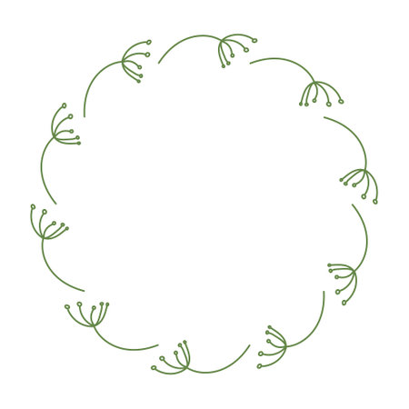 Hand-drawn round Wreath of dill of Leaves. Minimalistic illustration of spring branch Frame in flat style. Summer elements for decorating greeting posters with empty space for text.のイラスト素材
