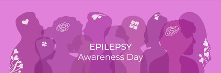 World Epilepsy Awareness Purple Day banner. Various silhouettes of adults and children of different nationalities and appearances. Well-being presentation. Diversity people contour in flat style.のイラスト素材