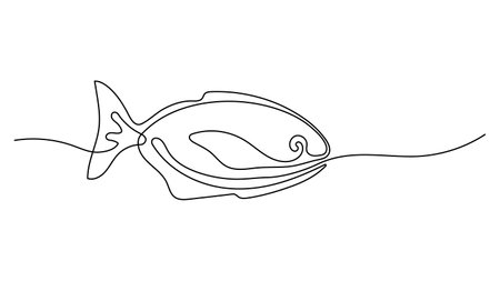 One line art Fish design silhouette. Hand drawn outline Logo or minimalist style menu decoration element. Editable stroke.のイラスト素材