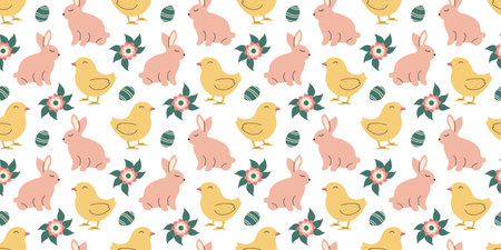 Cute Easter pattern with pink bunnies, chicks and flowers in pastel colors. Seamless design in doodle style. Endless Illustration with animals. White rabbits with botanical elements.のイラスト素材