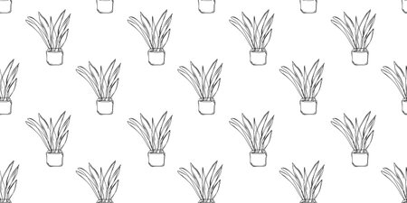 Seamless botanical Pattern in outline style. Leaves in pot nature illustration. Vector design room elements in black and white color.のイラスト素材