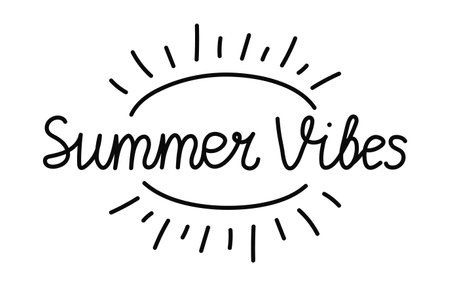 Handwritten text Summer vibes with sun vector banner design. Warm season lettering typography for card, invitation. Calligraphy greeting card.のイラスト素材