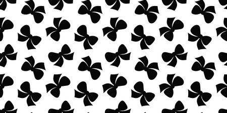 Seamless pattern of silhouette bow knots, black gift ribbons in doodle style on white background. Trendy hair braiding accessory. Hand drawn vector illustration.のイラスト素材